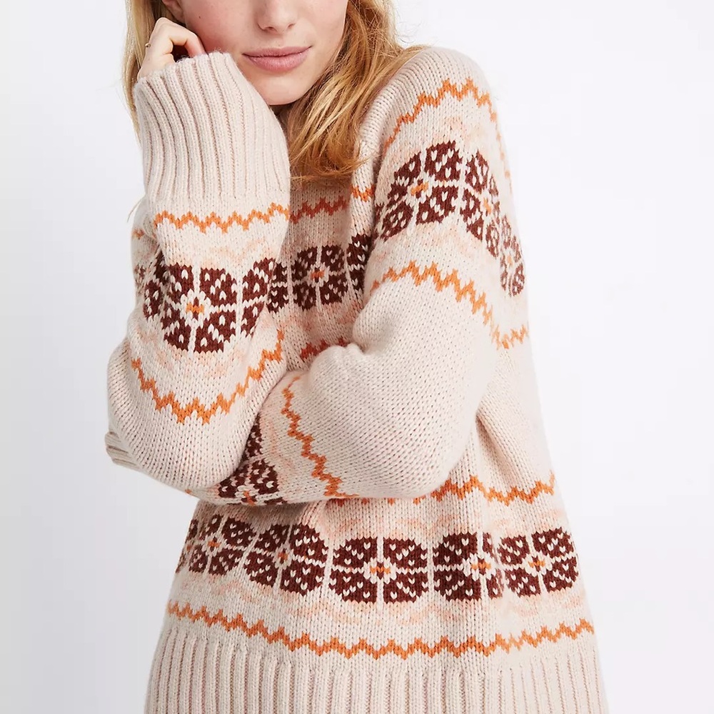 Madewell Cream Sweater with Brown and Orange Fair Isle Pattern